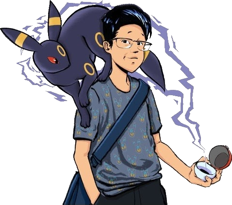 Illustrated portrait of Geoff with his Umbreon